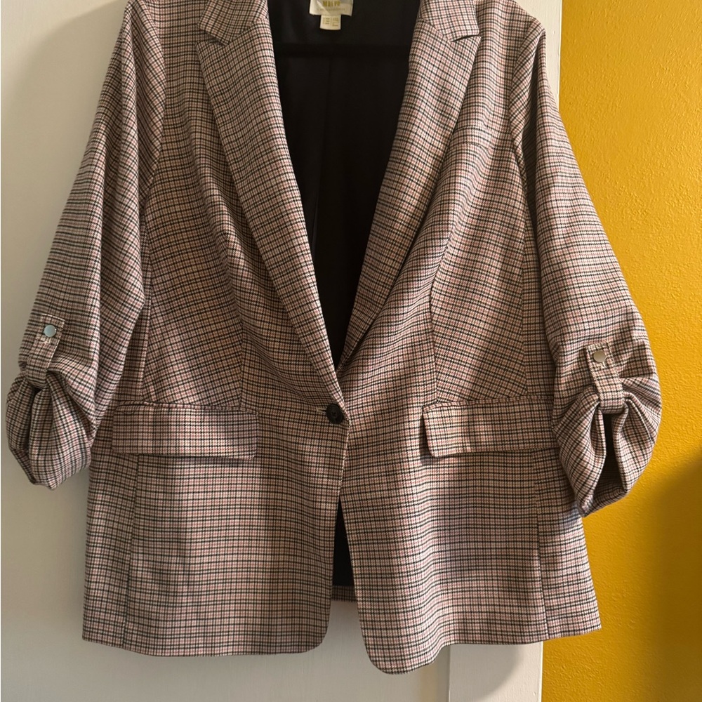 Maeve Gray and Black Blazer with Ruched Sleeves